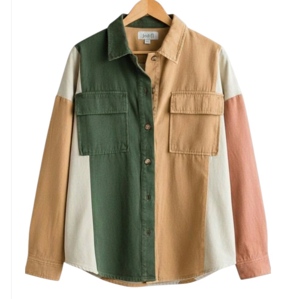 NWT Jodifl Colorblock Button-Up Shirt HUNTER GREEN Cream/Rust Pockets Cotton S